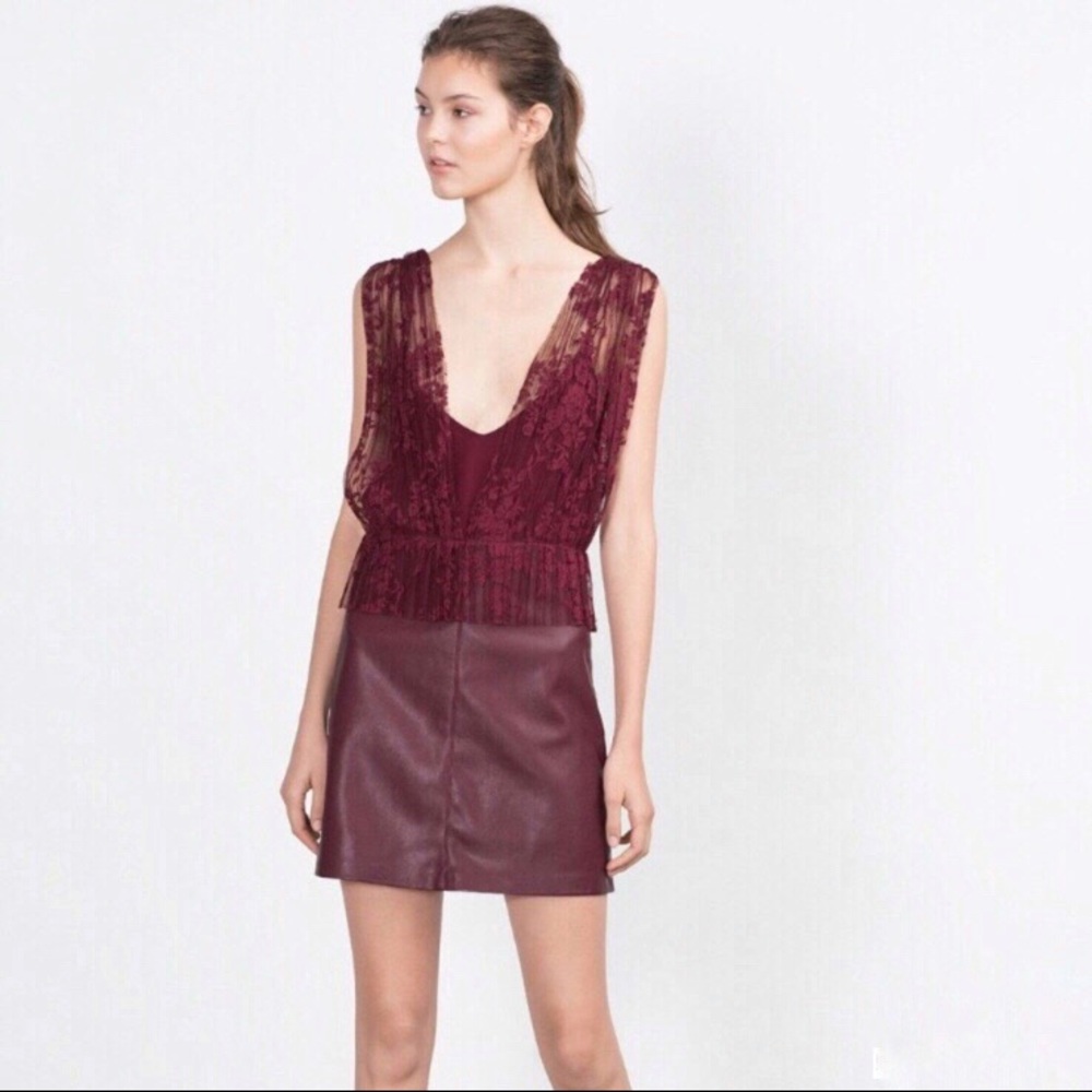 NWOT Zara lace faux leather dress burgundy wine